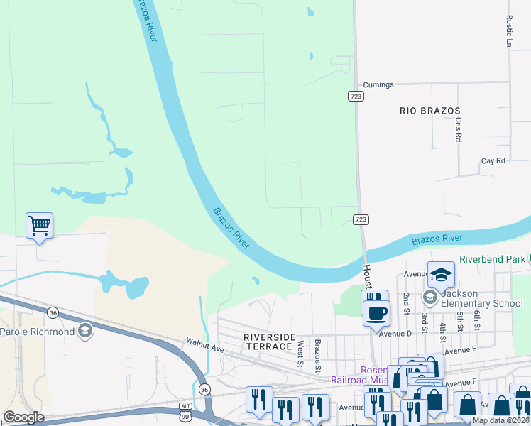 map of restaurants, bars, coffee shops, grocery stores, and more near 407 Baker Road in Rosenberg