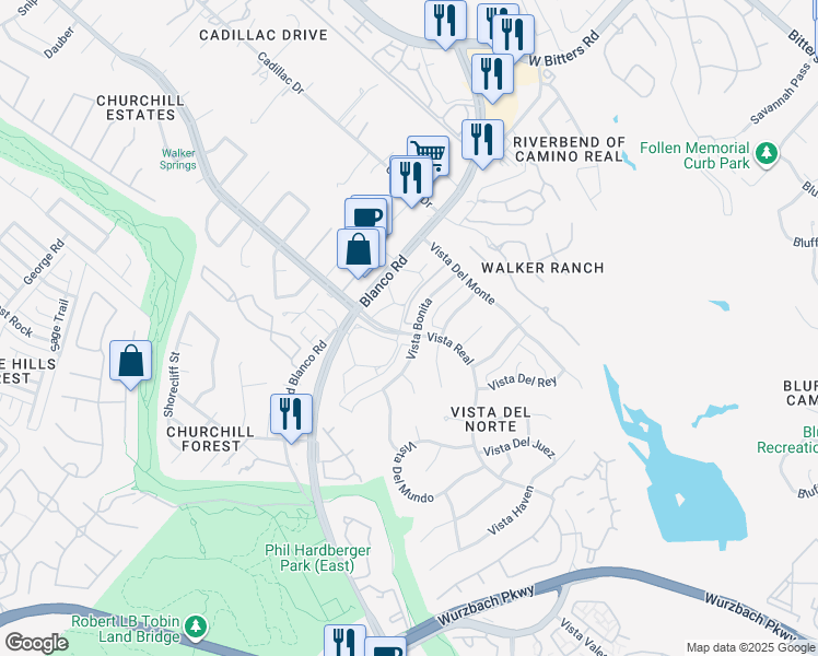 map of restaurants, bars, coffee shops, grocery stores, and more near 13503 Vista Bonita in San Antonio