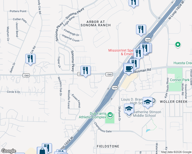 map of restaurants, bars, coffee shops, grocery stores, and more near 14030 Farm to Market Road 1560 in Helotes
