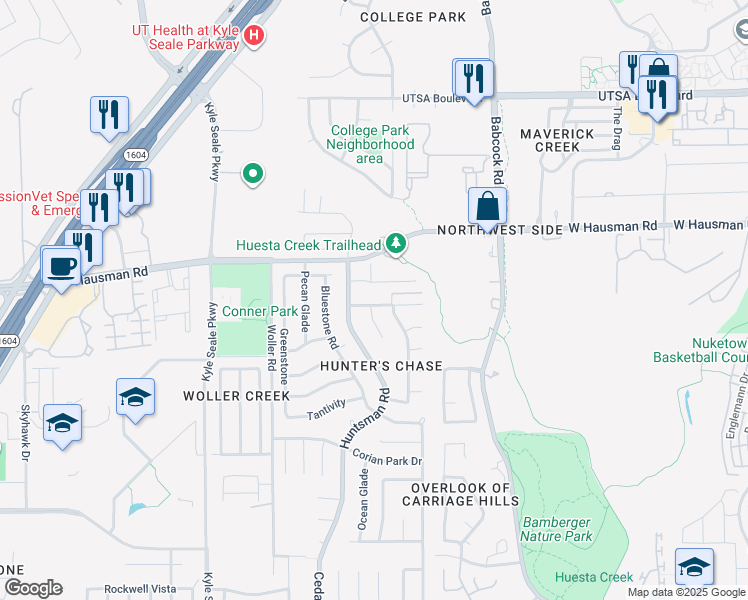 map of restaurants, bars, coffee shops, grocery stores, and more near 7347 Beartrap Lane in San Antonio