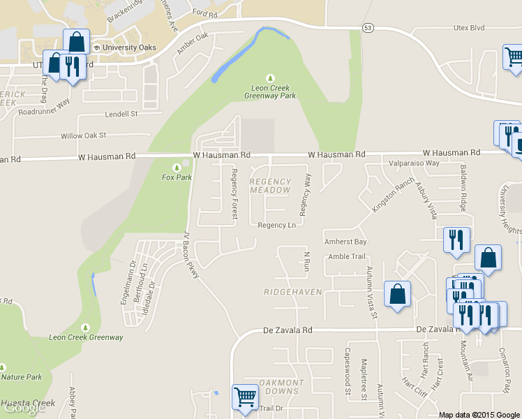 map of restaurants, bars, coffee shops, grocery stores, and more near 13123 Regency Trail in San Antonio