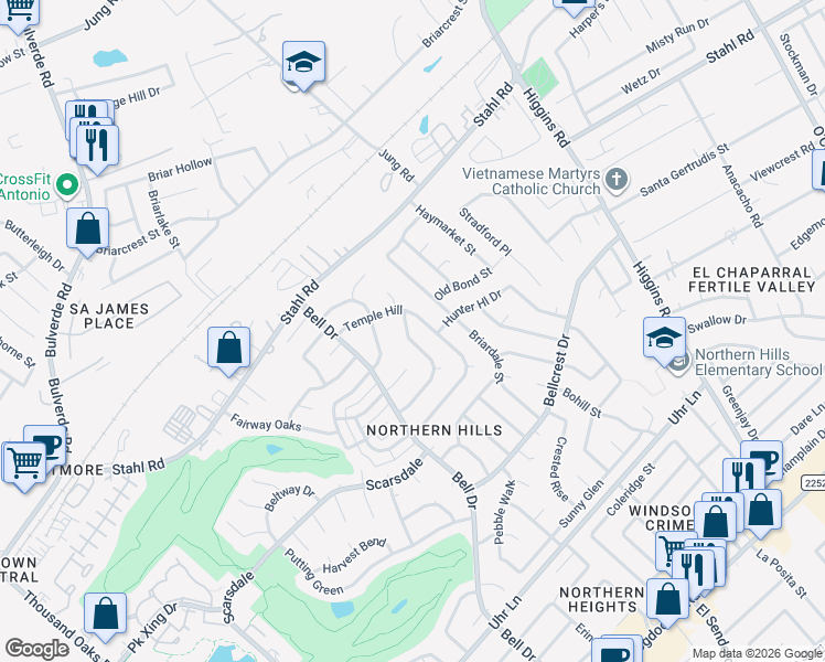 map of restaurants, bars, coffee shops, grocery stores, and more near 13927 Anchorage Hill Drive in San Antonio