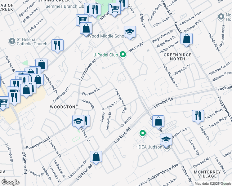 map of restaurants, bars, coffee shops, grocery stores, and more near 13902 Brantley in San Antonio
