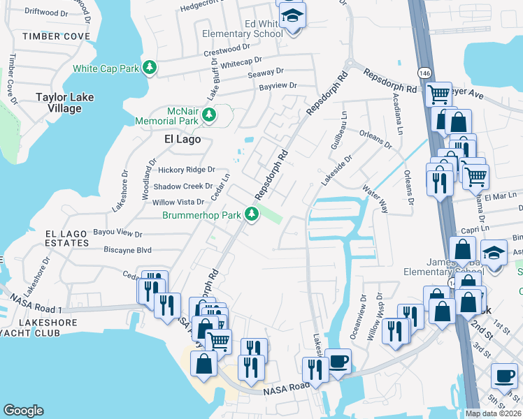 map of restaurants, bars, coffee shops, grocery stores, and more near 2528 Repsdorph Road in Seabrook