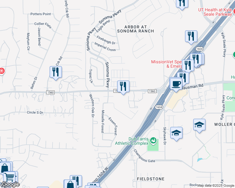 map of restaurants, bars, coffee shops, grocery stores, and more near 13930 Farm to Market Road 1560 in Helotes