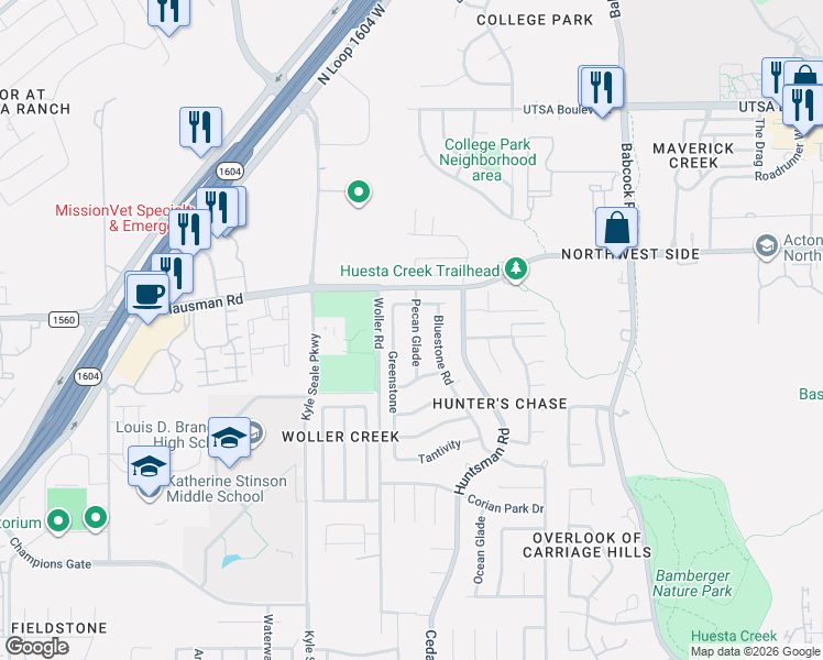 map of restaurants, bars, coffee shops, grocery stores, and more near 13355 Pecan Glade in San Antonio