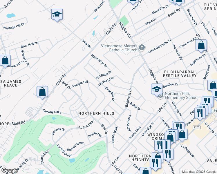 map of restaurants, bars, coffee shops, grocery stores, and more near 4519 Briardale Street in San Antonio