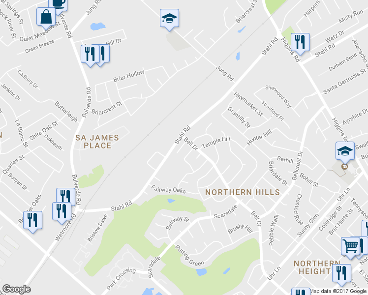 map of restaurants, bars, coffee shops, grocery stores, and more near 13815 Northern Oak in San Antonio