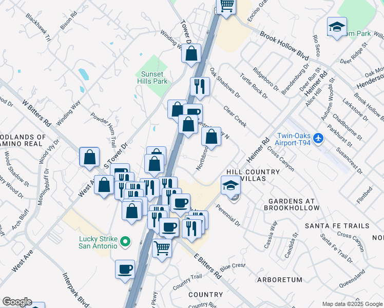 map of restaurants, bars, coffee shops, grocery stores, and more near 14100 San Pedro Avenue in San Antonio