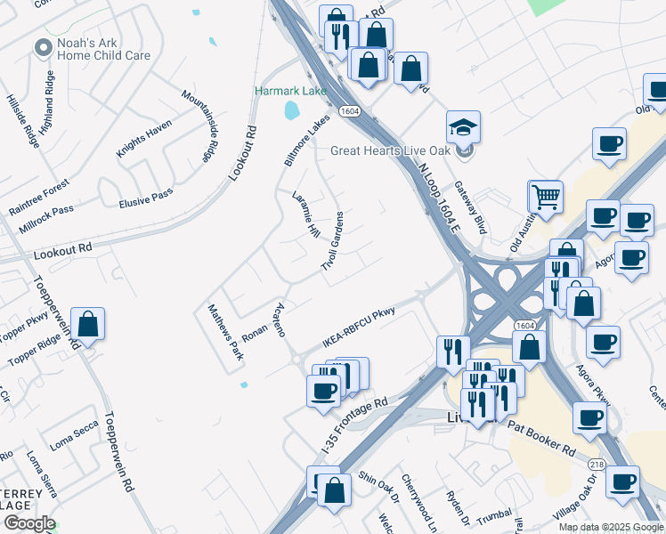 map of restaurants, bars, coffee shops, grocery stores, and more near 13804 Tivoli Gardens in Live Oak