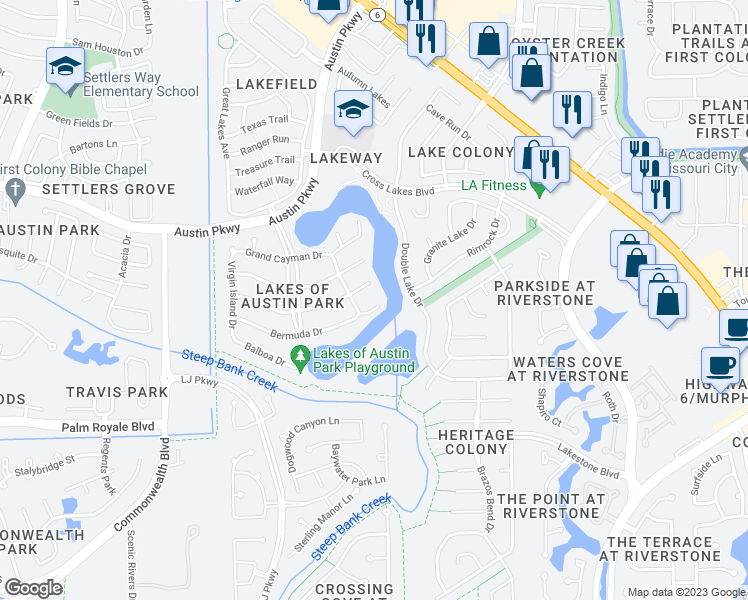 map of restaurants, bars, coffee shops, grocery stores, and more near 4602 Nassau Drive in Sugar Land