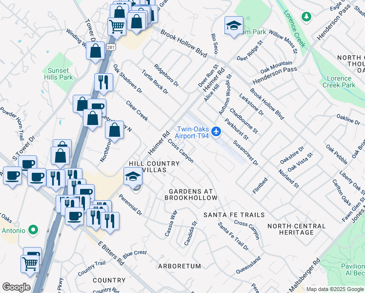 map of restaurants, bars, coffee shops, grocery stores, and more near 10 Cross Canyon in San Antonio