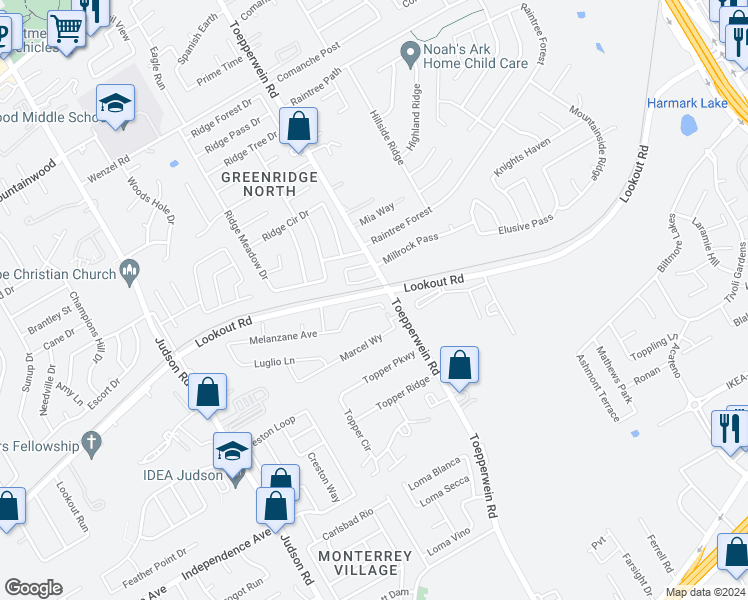 map of restaurants, bars, coffee shops, grocery stores, and more near 6627 Arancione Avenue in San Antonio