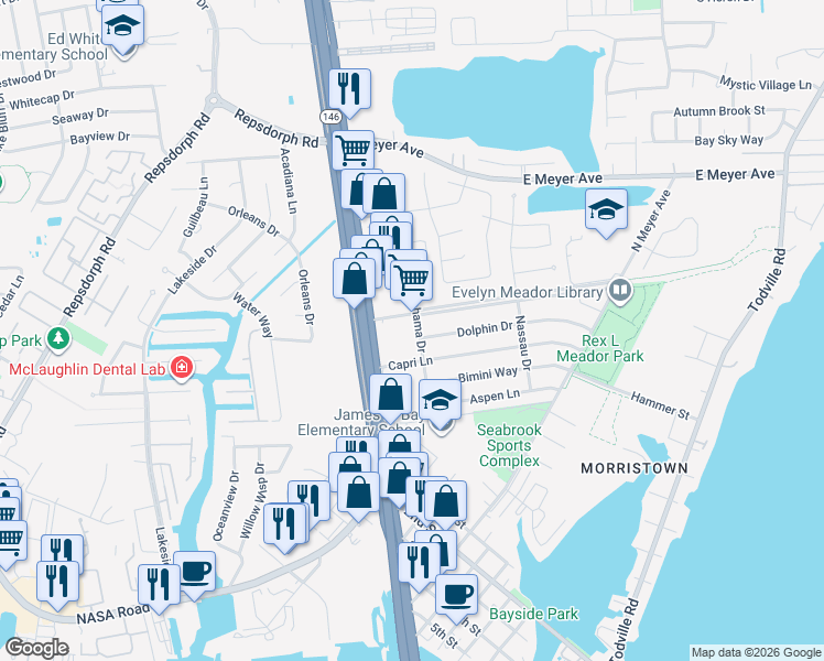 map of restaurants, bars, coffee shops, grocery stores, and more near 1905 Bahama Drive in Seabrook