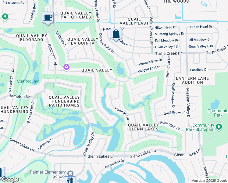 map of restaurants, bars, coffee shops, grocery stores, and more near 3407 Kiamesha Drive in Missouri City