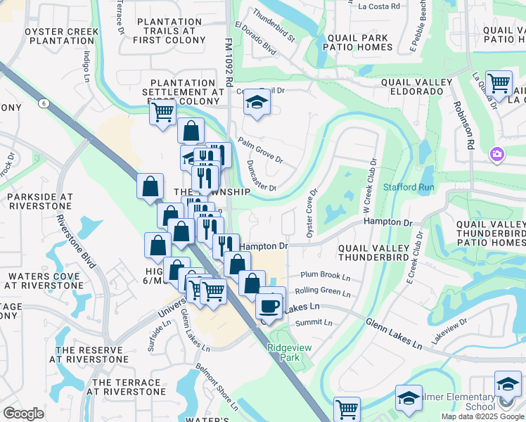 map of restaurants, bars, coffee shops, grocery stores, and more near 3505 FM 1092 Road in Missouri City