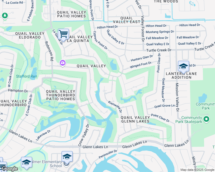 map of restaurants, bars, coffee shops, grocery stores, and more near 3407 Kiamesha Dr in Missouri City