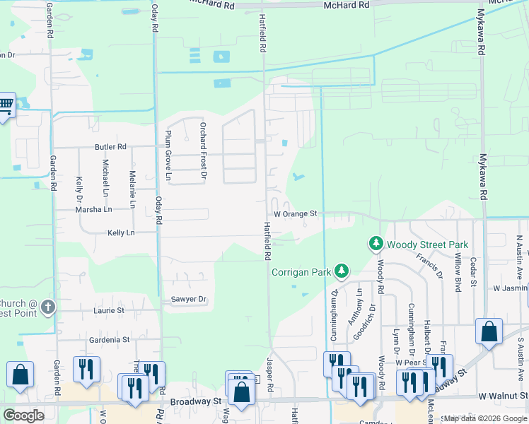 map of restaurants, bars, coffee shops, grocery stores, and more near 2144 Hatfield Road in Pearland