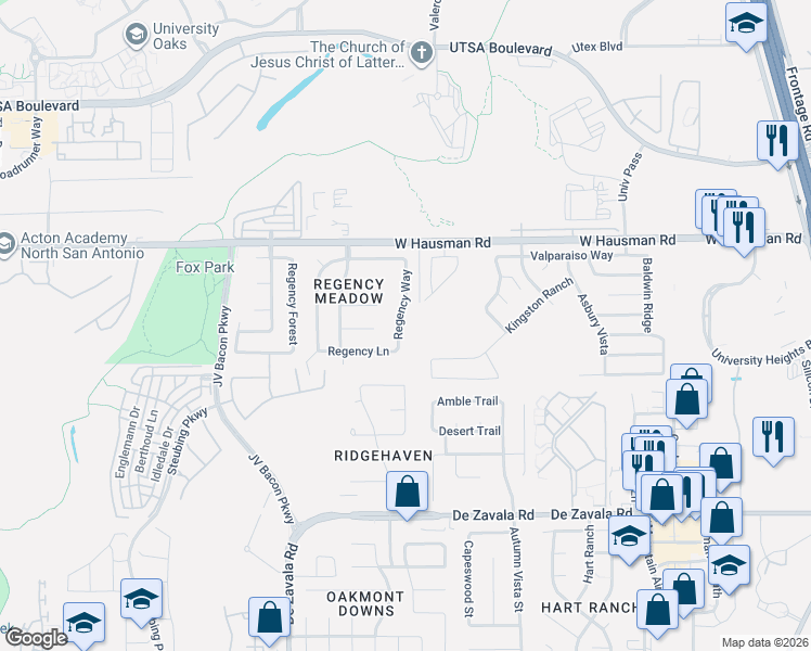 map of restaurants, bars, coffee shops, grocery stores, and more near 13130 Regency Way in San Antonio