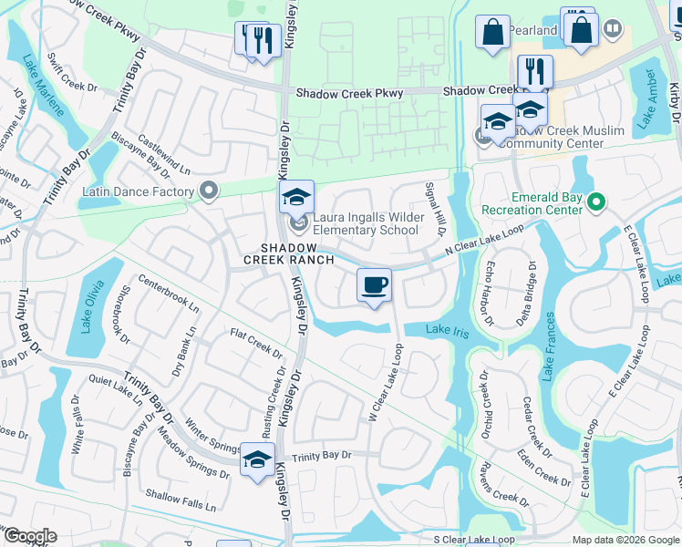map of restaurants, bars, coffee shops, grocery stores, and more near 12602 Bethany Bay Drive in Pearland