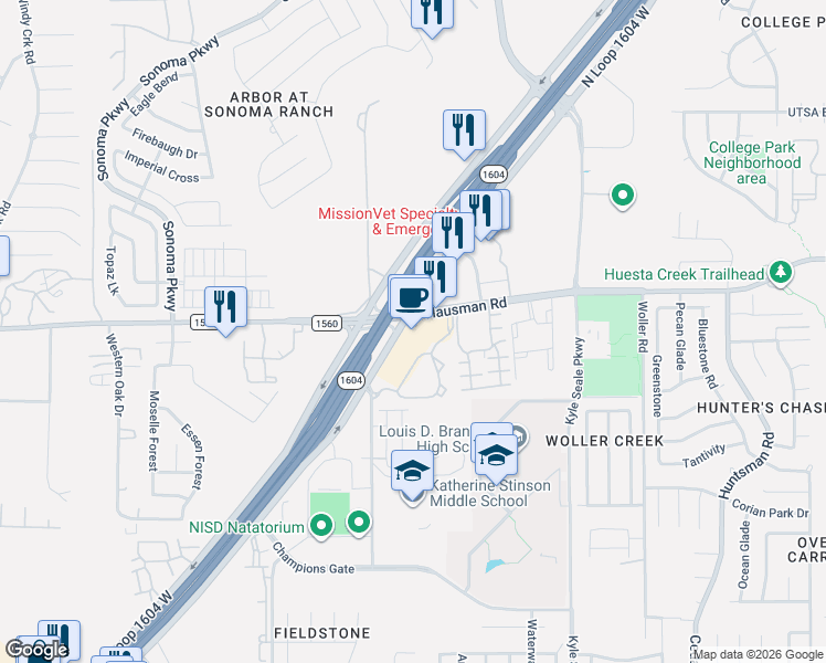 map of restaurants, bars, coffee shops, grocery stores, and more near 8338 North Loop 1604 West in San Antonio