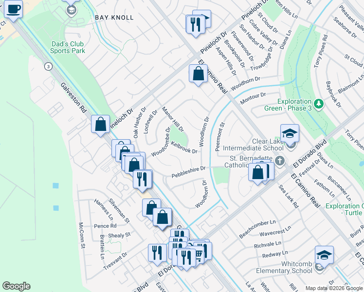 map of restaurants, bars, coffee shops, grocery stores, and more near 15227 Kelbrook Drive in Houston