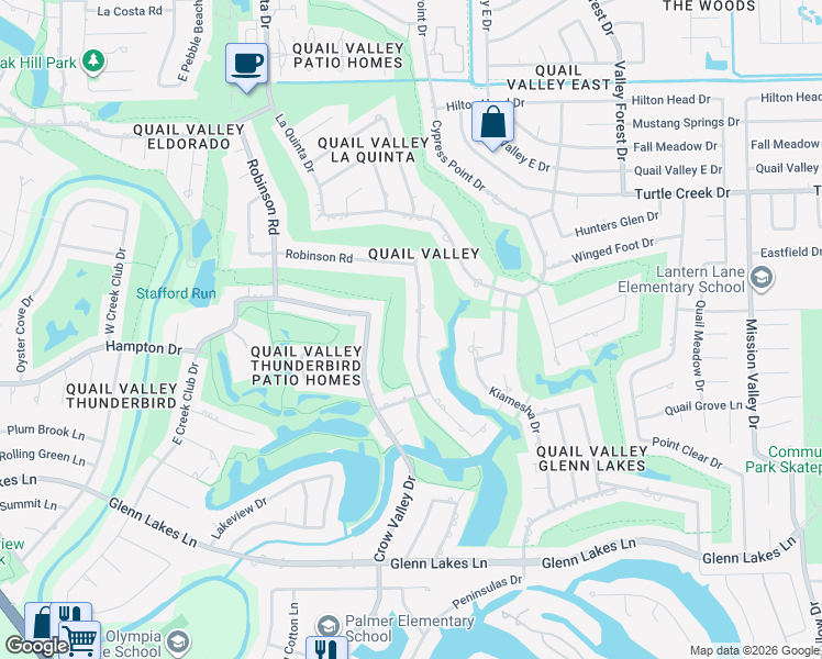 map of restaurants, bars, coffee shops, grocery stores, and more near 3326 Robinson Road in Missouri City