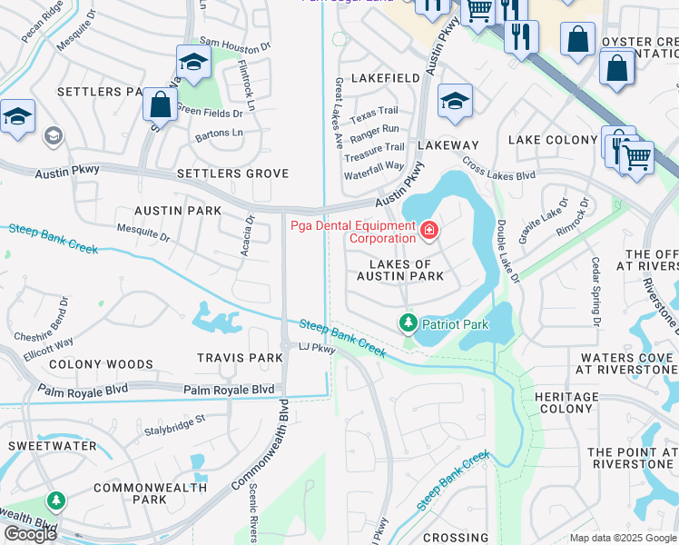 map of restaurants, bars, coffee shops, grocery stores, and more near 3414 Virgin Island Drive in Sugar Land