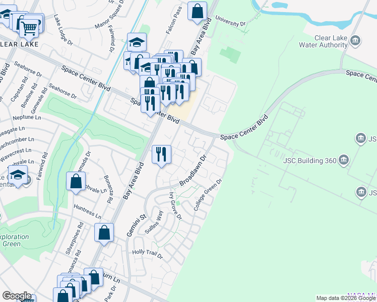 map of restaurants, bars, coffee shops, grocery stores, and more near 2301 Broadlawn Drive in Houston