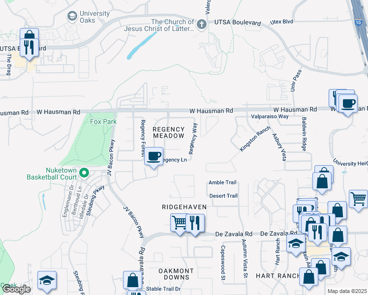 map of restaurants, bars, coffee shops, grocery stores, and more near 6303 Regency Crest in San Antonio