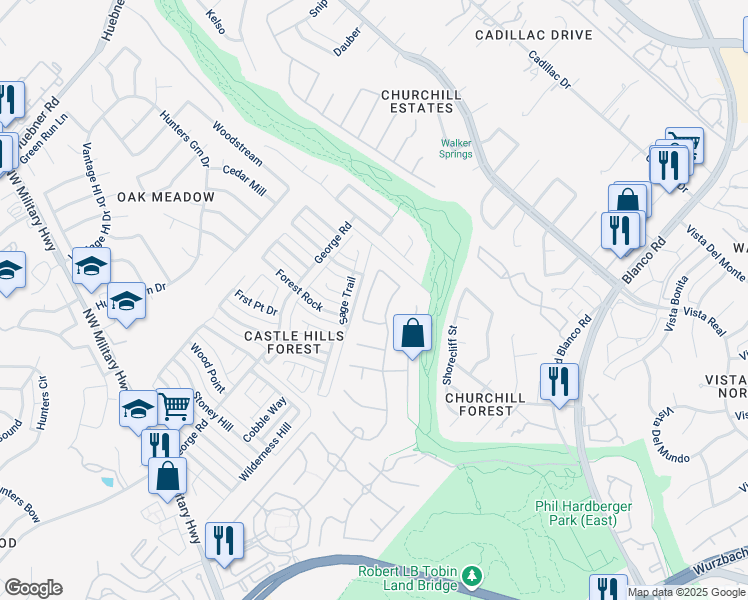 map of restaurants, bars, coffee shops, grocery stores, and more near 13127 Winding Creek in San Antonio