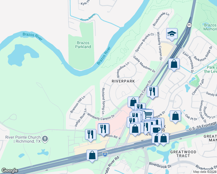 map of restaurants, bars, coffee shops, grocery stores, and more near 5307 Meadow Canyon Drive in Sugar Land