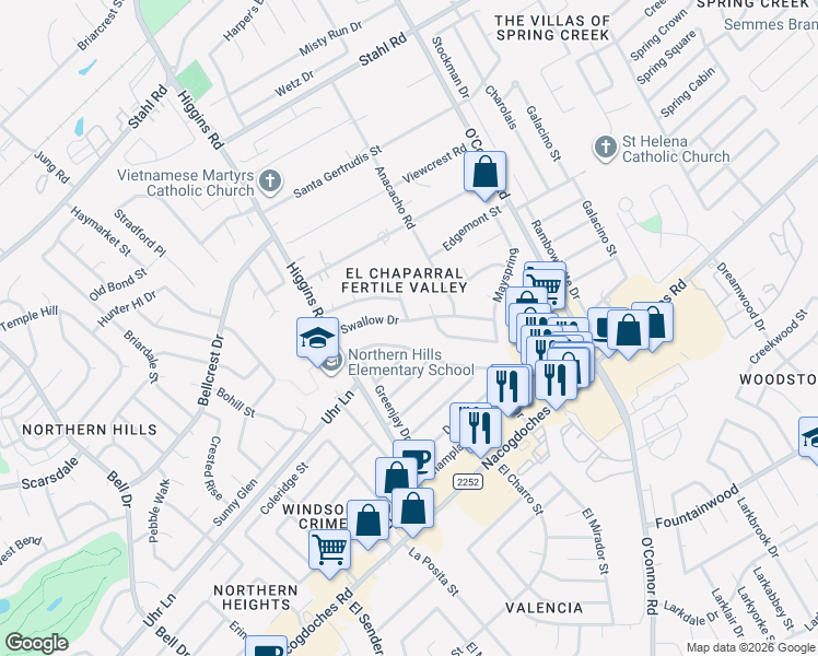 map of restaurants, bars, coffee shops, grocery stores, and more near 14154 Swallow Drive in San Antonio