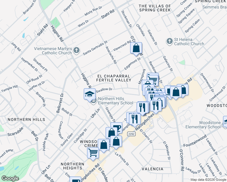 map of restaurants, bars, coffee shops, grocery stores, and more near 14154 Swallow Drive in San Antonio