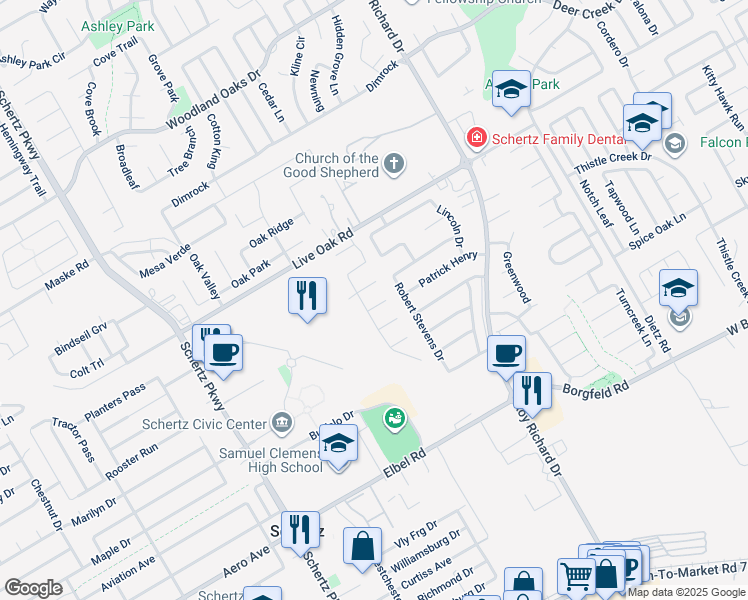 map of restaurants, bars, coffee shops, grocery stores, and more near 1021 Natalie Way in Schertz