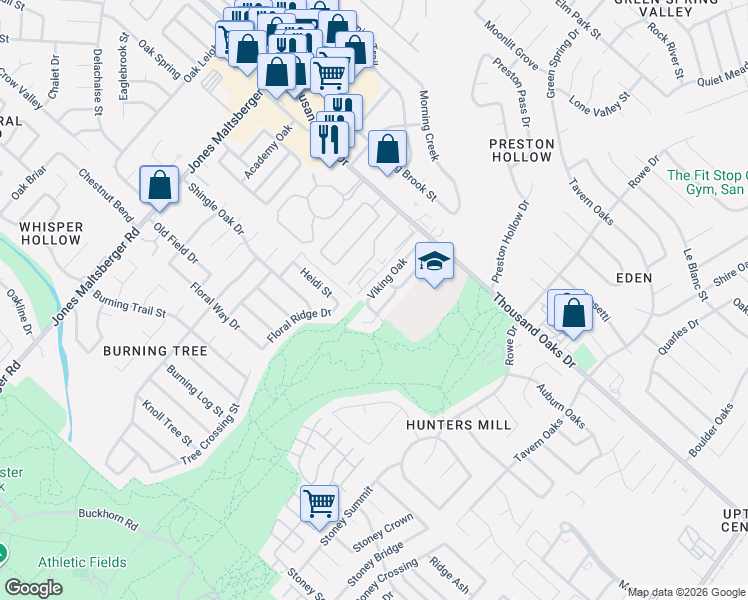 map of restaurants, bars, coffee shops, grocery stores, and more near 47 Longleaf Coral in San Antonio