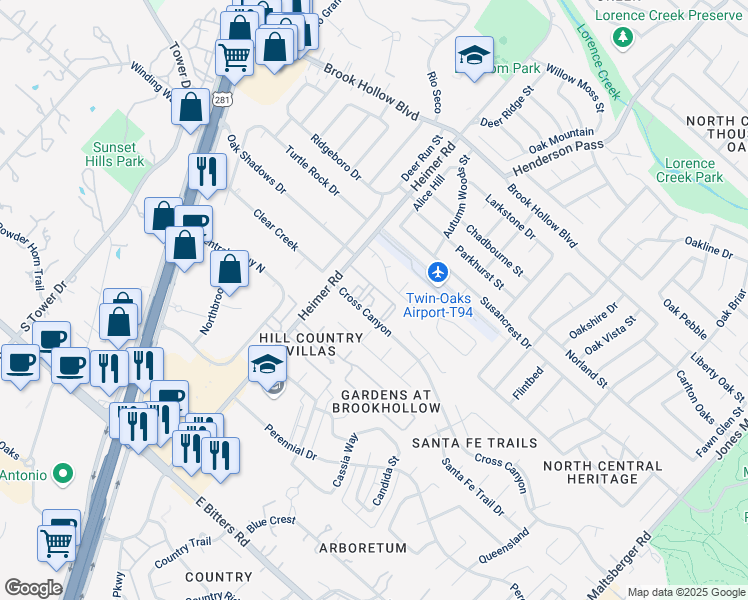 map of restaurants, bars, coffee shops, grocery stores, and more near 10 Cross Canyon in San Antonio
