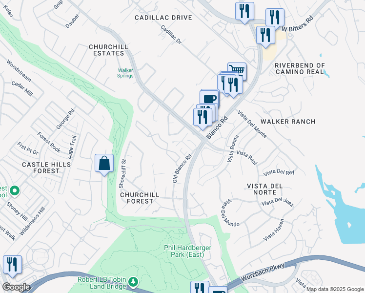 map of restaurants, bars, coffee shops, grocery stores, and more near 14122 Churchill Estates Boulevard in San Antonio