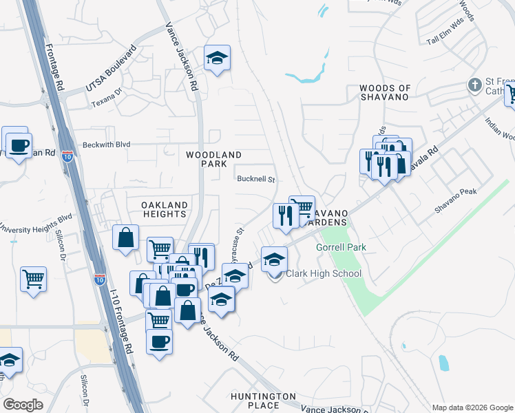 map of restaurants, bars, coffee shops, grocery stores, and more near 13530 Syracuse Street in San Antonio