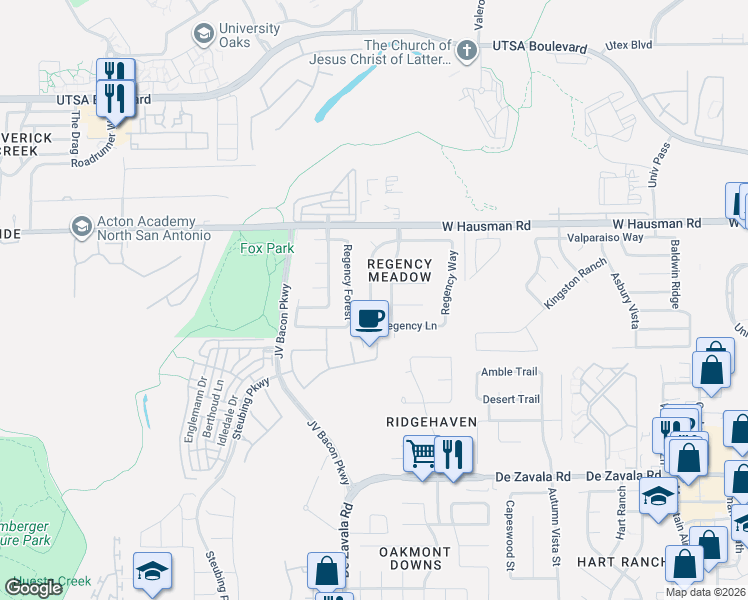 map of restaurants, bars, coffee shops, grocery stores, and more near 13123 Regency Trail in San Antonio