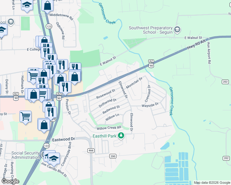 map of restaurants, bars, coffee shops, grocery stores, and more near 1739 Rosewood Street in Seguin