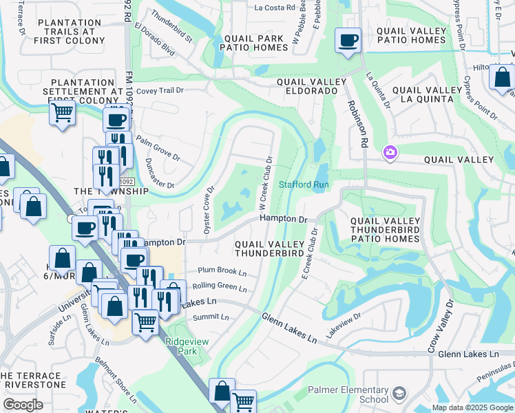 map of restaurants, bars, coffee shops, grocery stores, and more near 3422 West Creek Club Drive in Missouri City