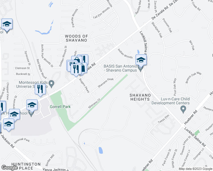 map of restaurants, bars, coffee shops, grocery stores, and more near 13600 Shavano Arrow in San Antonio