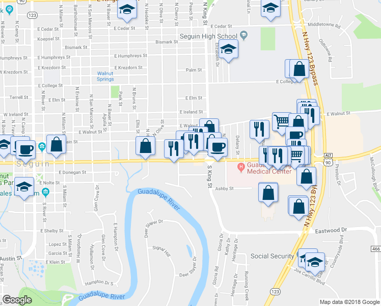map of restaurants, bars, coffee shops, grocery stores, and more near 112 Peach Street in Seguin