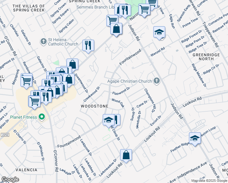 map of restaurants, bars, coffee shops, grocery stores, and more near 14038 Flairwood Street in San Antonio