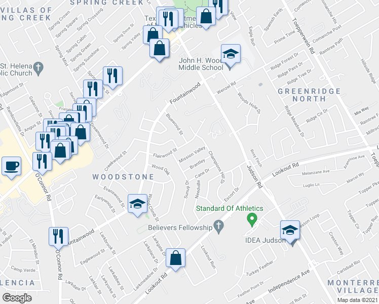 map of restaurants, bars, coffee shops, grocery stores, and more near 13930 Mission Valley in San Antonio