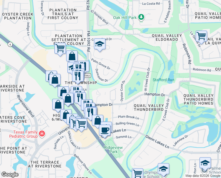 map of restaurants, bars, coffee shops, grocery stores, and more near 3442 Talia Wood Court in Missouri City