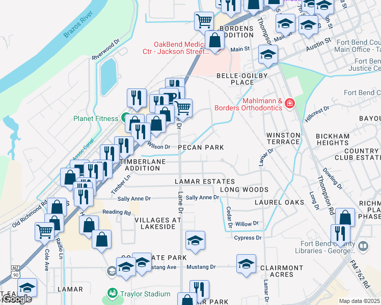 map of restaurants, bars, coffee shops, grocery stores, and more near 1208 Wilson Drive in Rosenberg