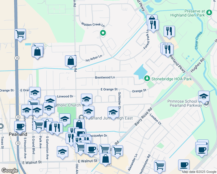 map of restaurants, bars, coffee shops, grocery stores, and more near 2112 Asbury Court in Pearland