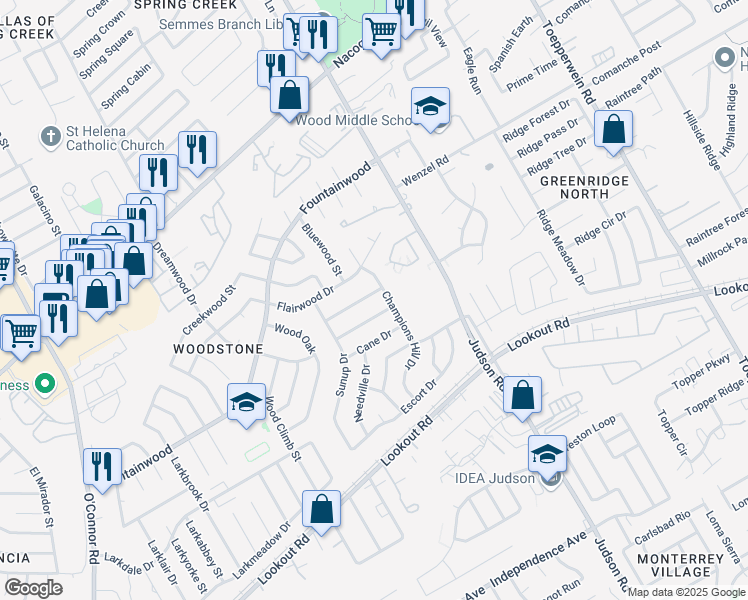 map of restaurants, bars, coffee shops, grocery stores, and more near 13911 Mission Valley in San Antonio